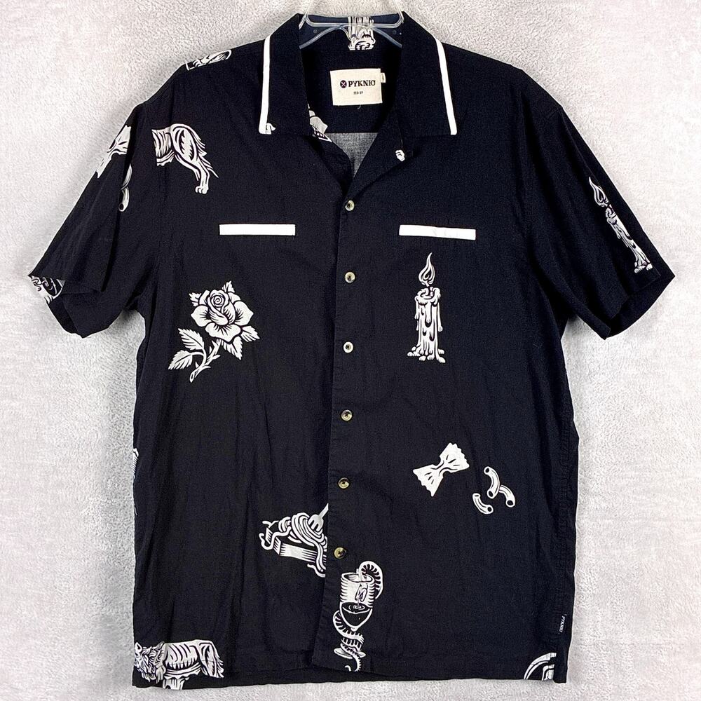 Pyknic Shirt Mens L Black White Pasta La Vista Rayon Streetwear Indie Hipster